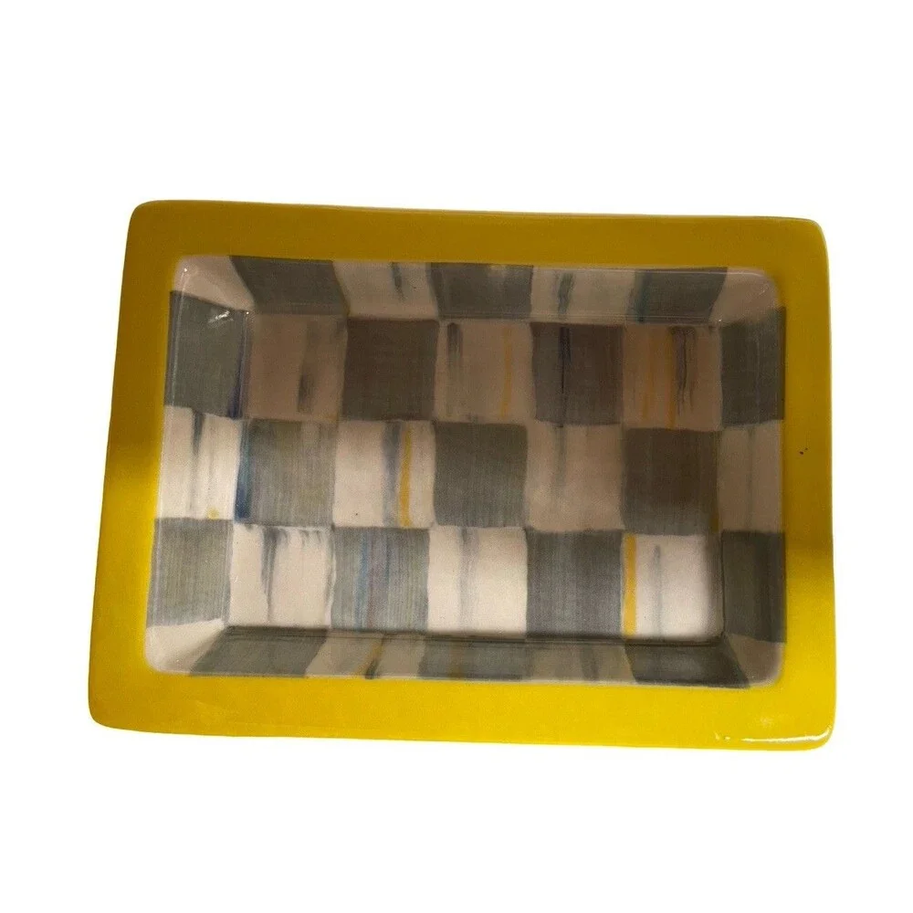 MacKenzie Childs Beekman 1802 Sterling Check & Yellow Soap Dish / Trinket Dish